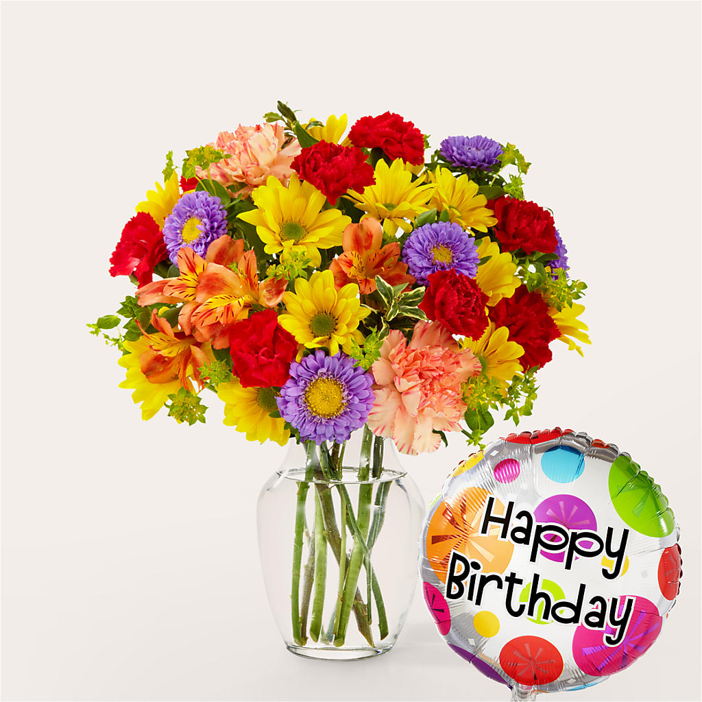 Kaleidoscope Bouquet with Birthday Balloon – MOREE'S FLORIST & MORE, Columbia MS